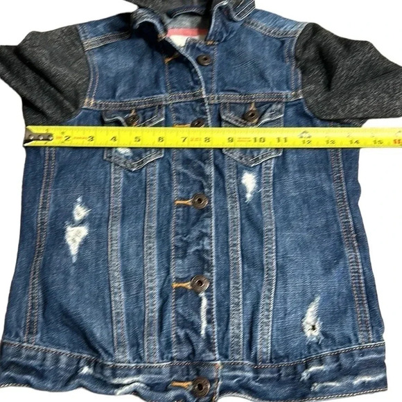 Abercrombie kids M/12, denim jacket. Distressed,multi  media,hood,back to school - Picture 6 of 10